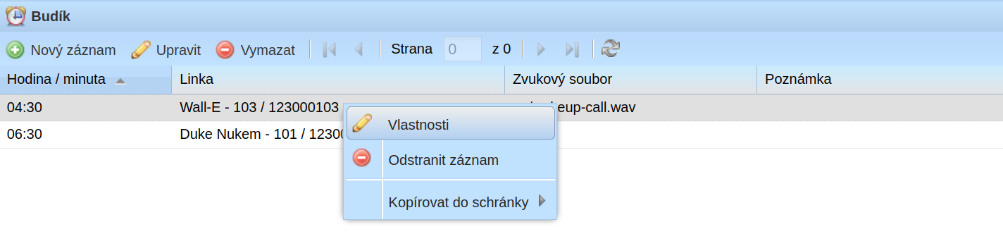 Menu budíku