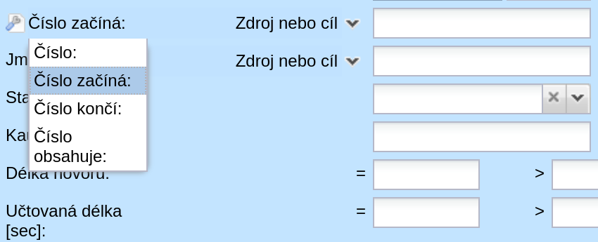 Možnosti filtru telefonních čísel