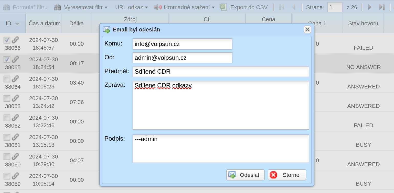 Dialog URL odkazů pro e-mail