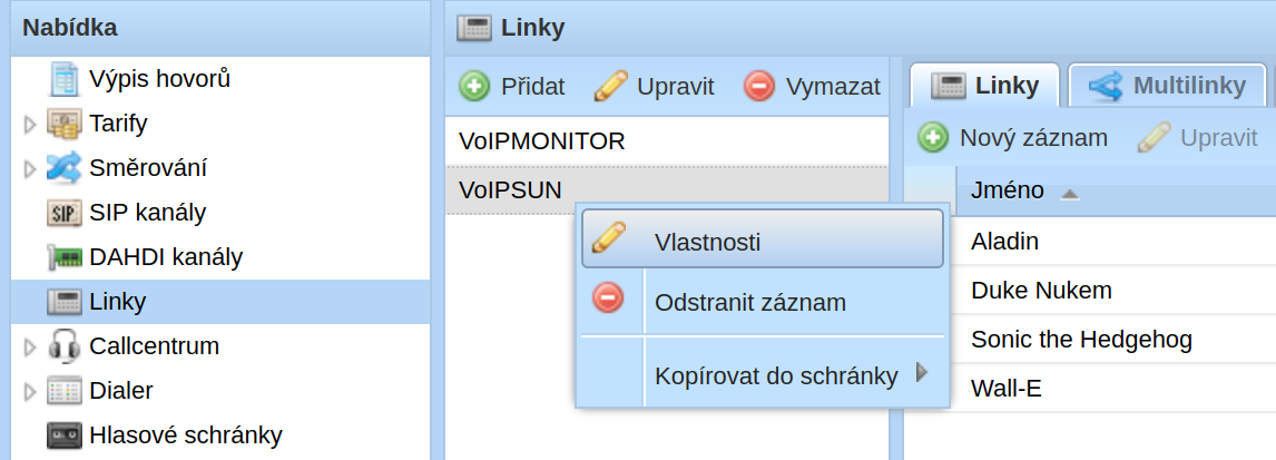 Menu číslovacího plánu