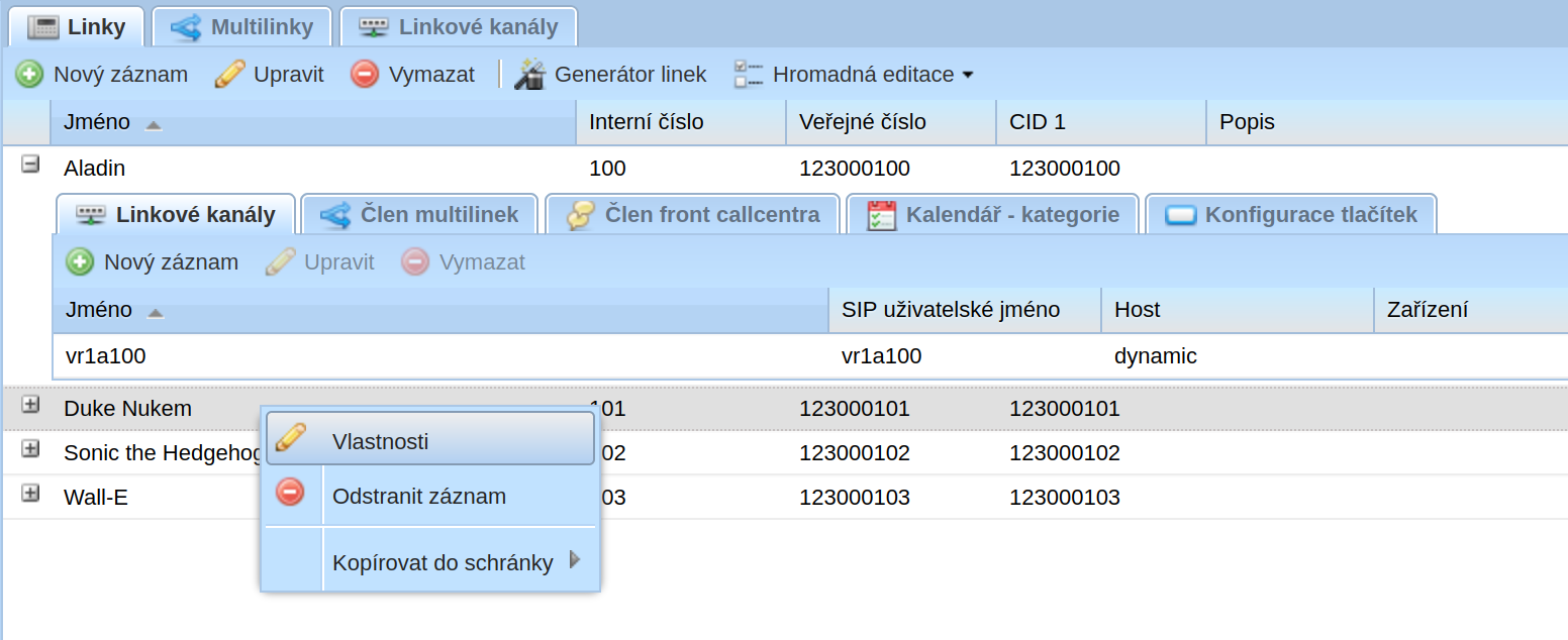 Kontextové menu linky