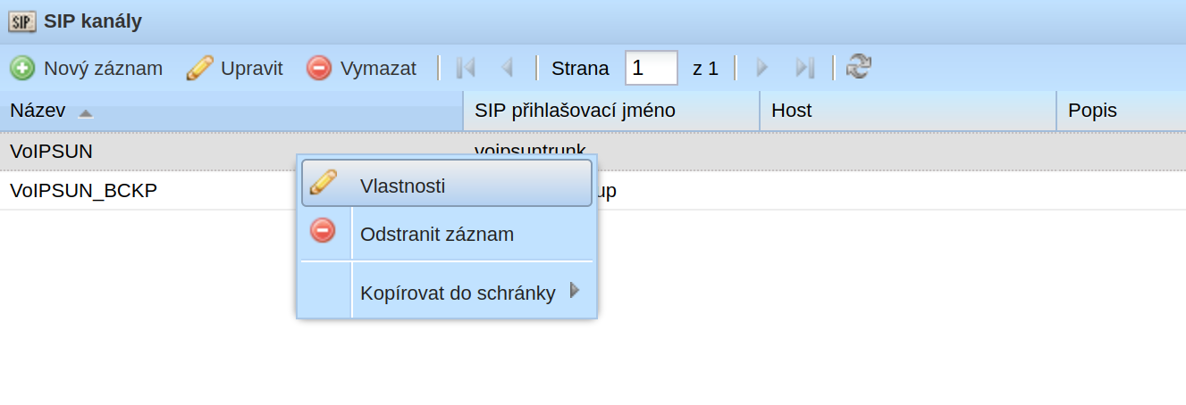 Menu SIP kanálu